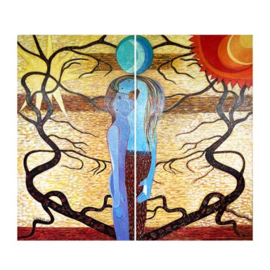 Abstract kunstwerk van een figura met een zon en maan, omringd door dunne takken.